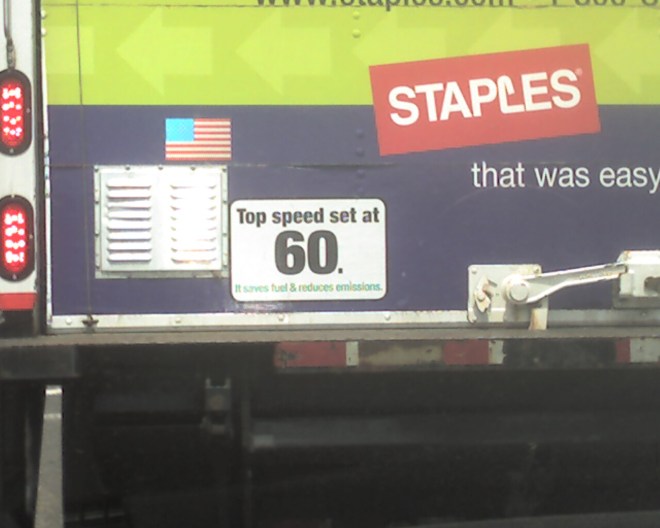 We brake for the environment We brake for the environment: the back of a Staples delivery truck. Photo taken May 20, 2009 by David Grossman.